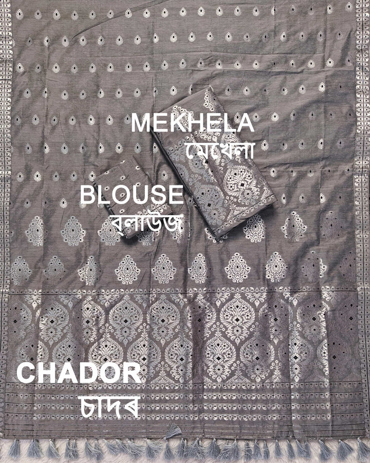 Ready-To-Wear Silver Jari Super Cotton* Mekhela Sador