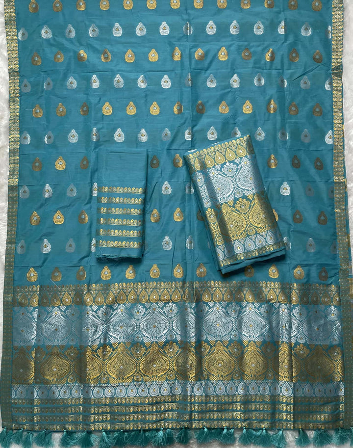 Ready-To-Wear Silver-Gold Jari Super Cotton* Mekhela Sador
