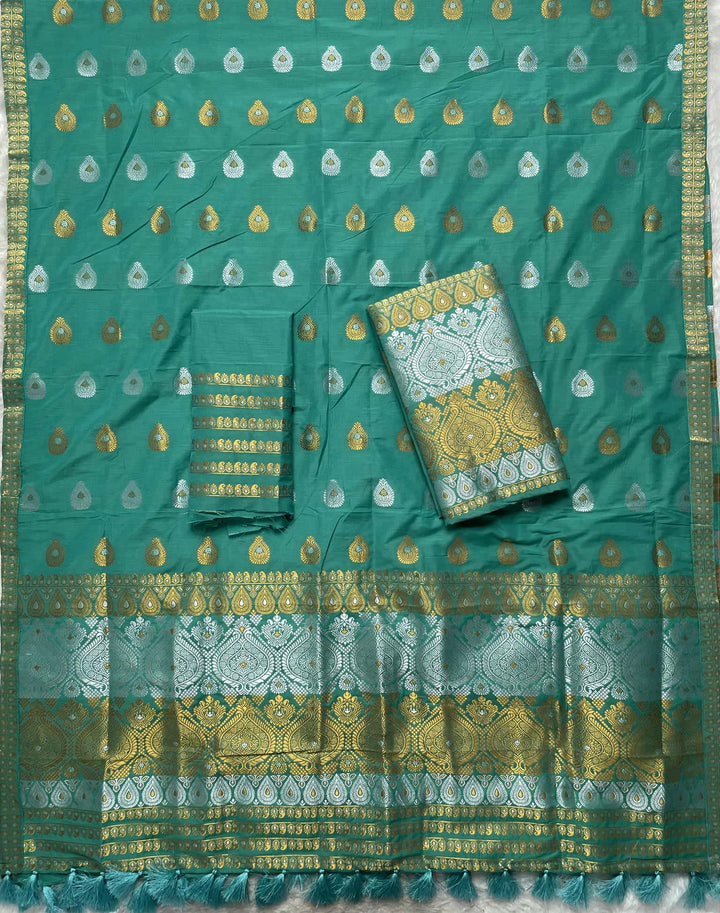 Ready-To-Wear Silver-Gold Jari Super Cotton* Mekhela Sador
