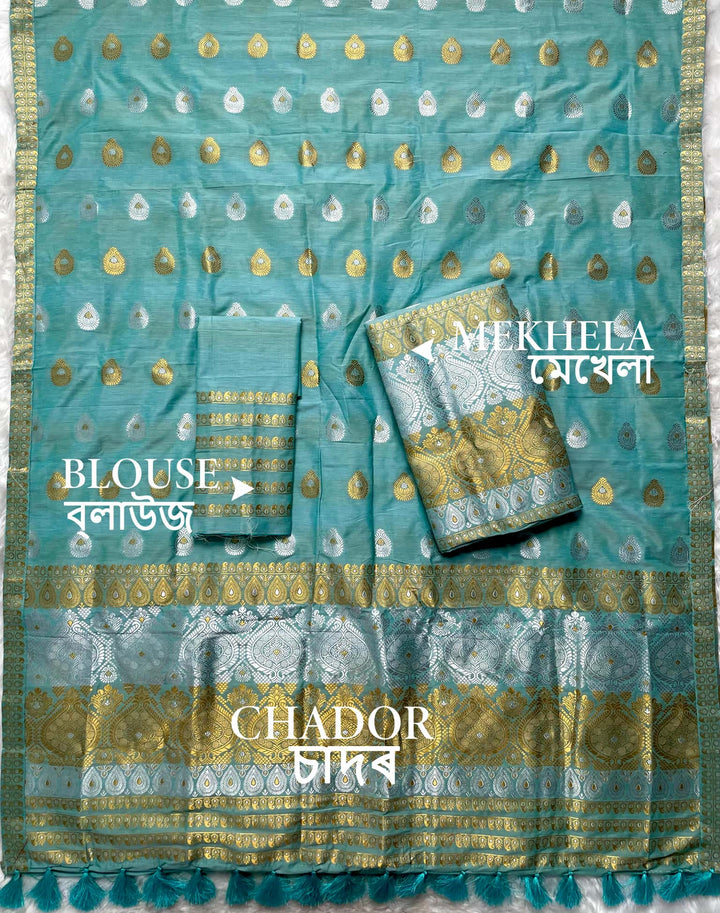Ready-To-Wear Silver-Gold Jari Super Cotton* Mekhela Sador