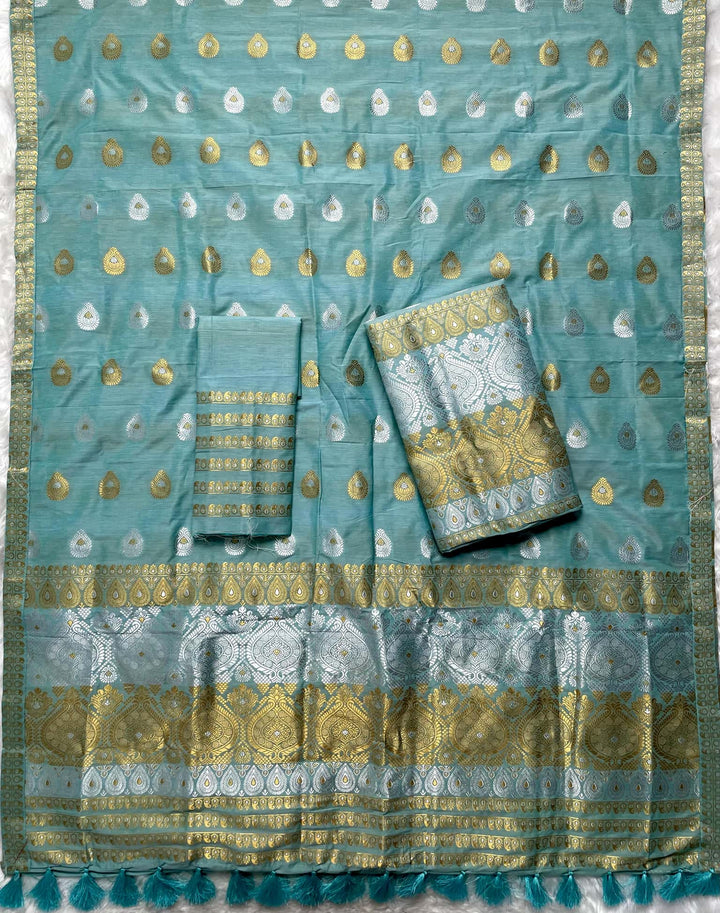 Ready-To-Wear Silver-Gold Jari Super Cotton* Mekhela Sador