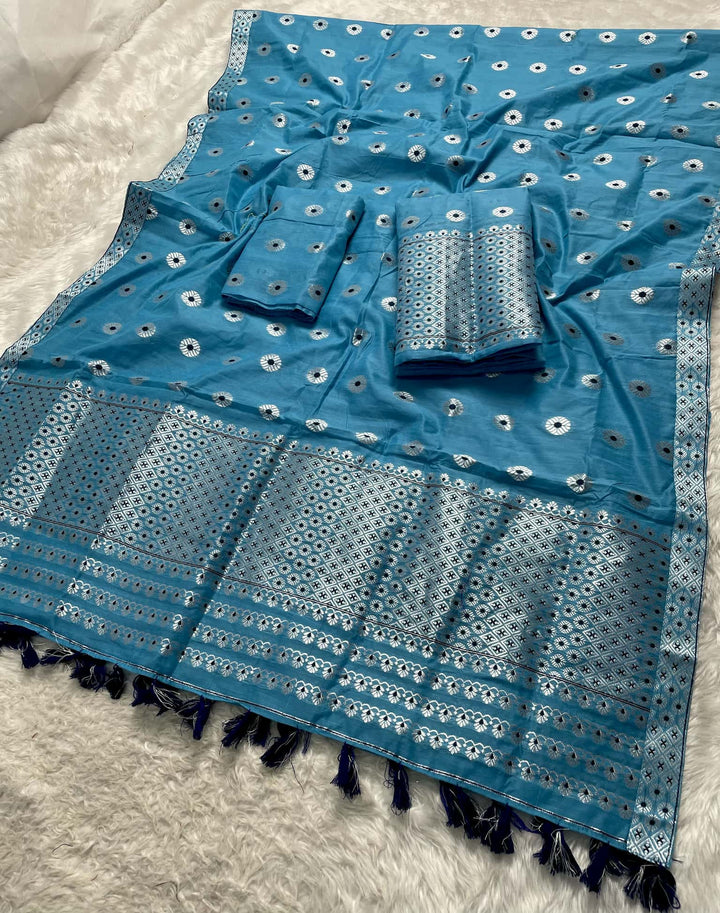 Ready-To-Wear Silver Jari & Dhaga AC Cotton* Mekhela Sador