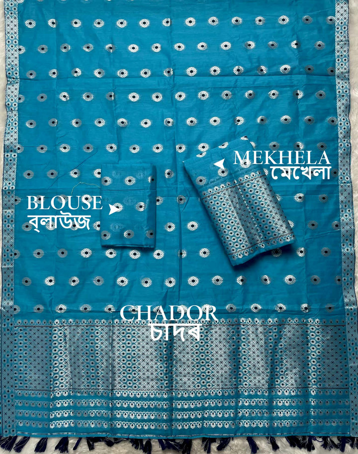 Ready-To-Wear Silver Jari & Dhaga AC Cotton* Mekhela Sador