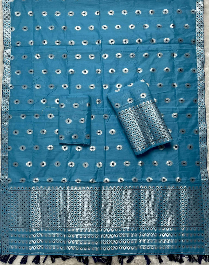 Ready-To-Wear Silver Jari & Dhaga AC Cotton* Mekhela Sador