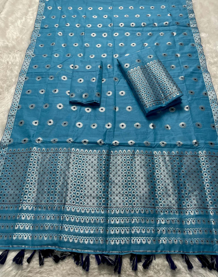 Ready-To-Wear Silver Jari & Dhaga AC Cotton* Mekhela Sador