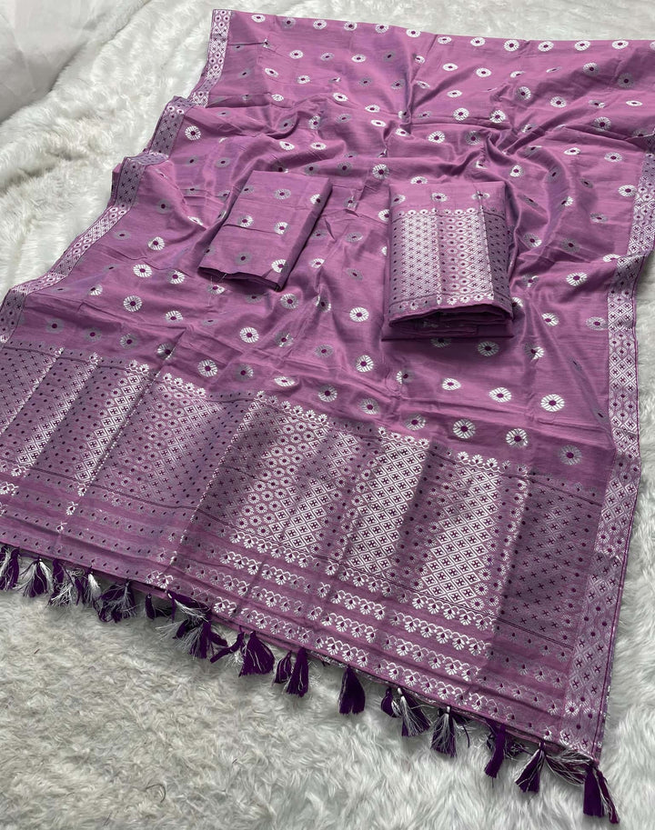 Ready-To-Wear Silver Jari & Dhaga AC Cotton* Mekhela Sador