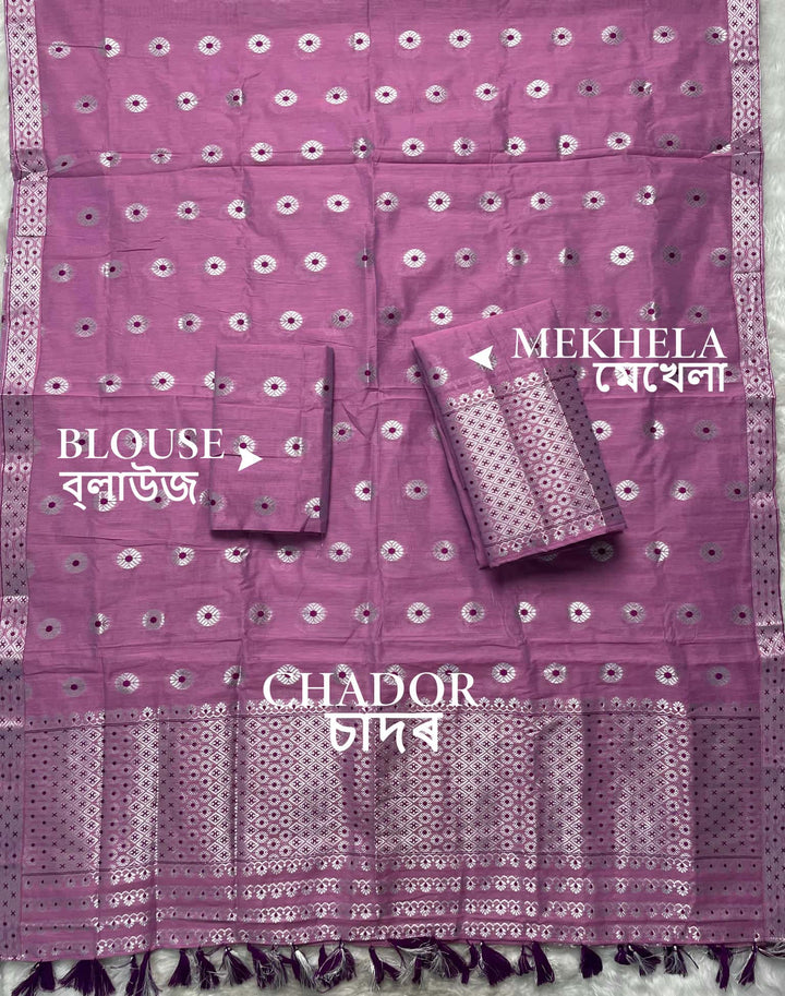 Ready-To-Wear Silver Jari & Dhaga AC Cotton* Mekhela Sador