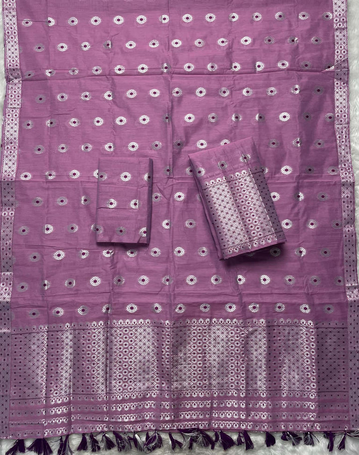 Ready-To-Wear Silver Jari & Dhaga AC Cotton* Mekhela Sador