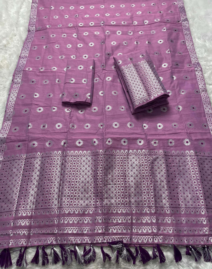 Ready-To-Wear Silver Jari & Dhaga AC Cotton* Mekhela Sador