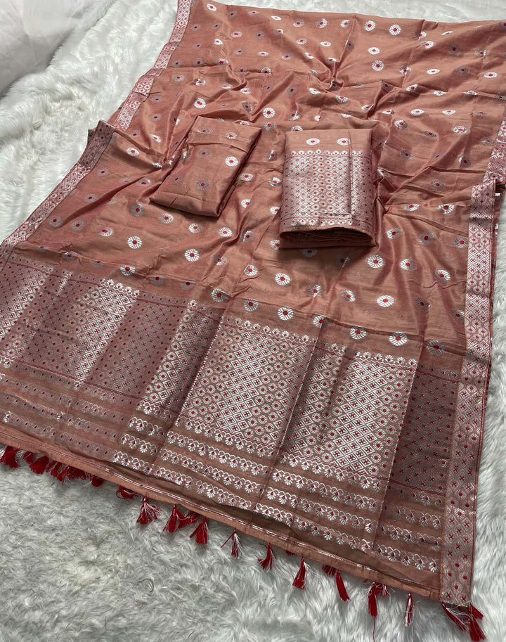 Ready-To-Wear Silver Jari & Dhaga AC Cotton* Mekhela Sador