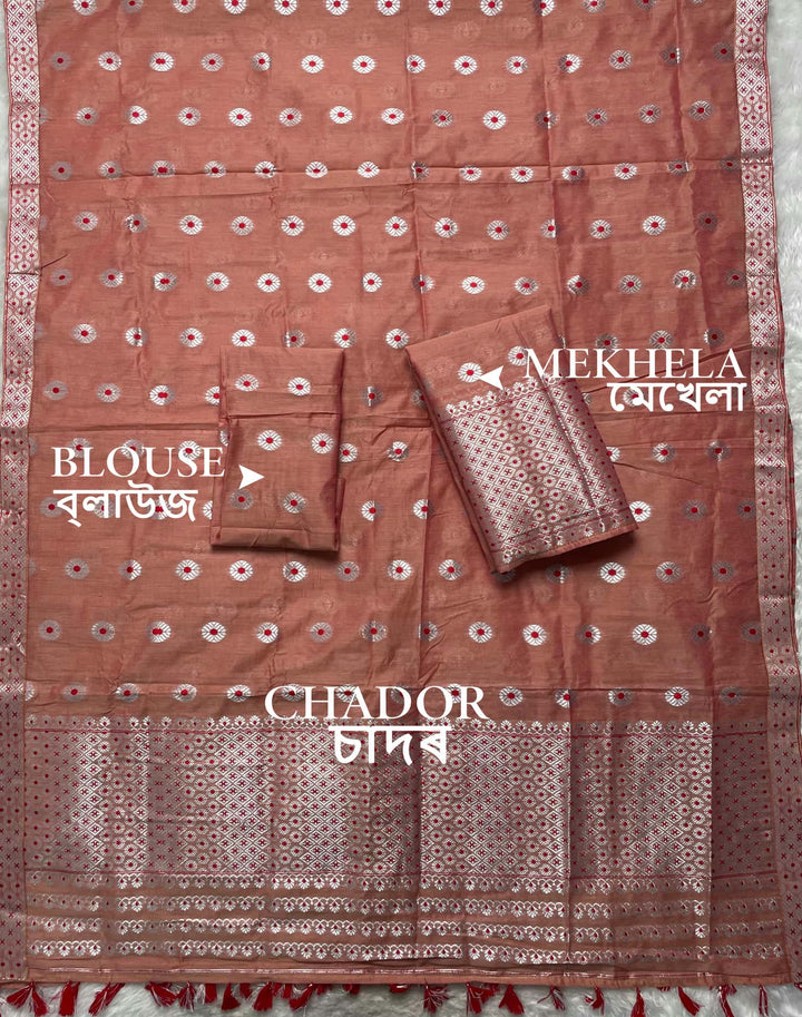Ready-To-Wear Silver Jari & Dhaga AC Cotton* Mekhela Sador