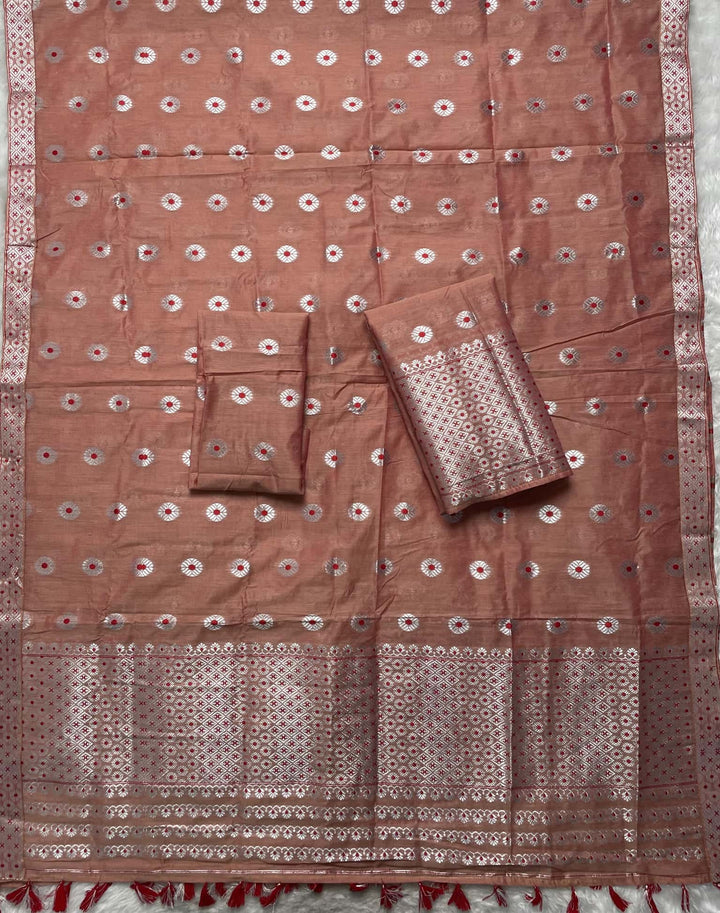 Ready-To-Wear Silver Jari & Dhaga AC Cotton* Mekhela Sador