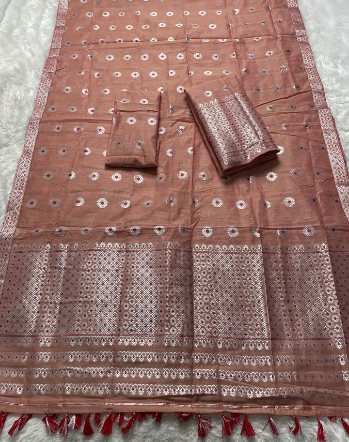 Ready-To-Wear Silver Jari & Dhaga AC Cotton* Mekhela Sador