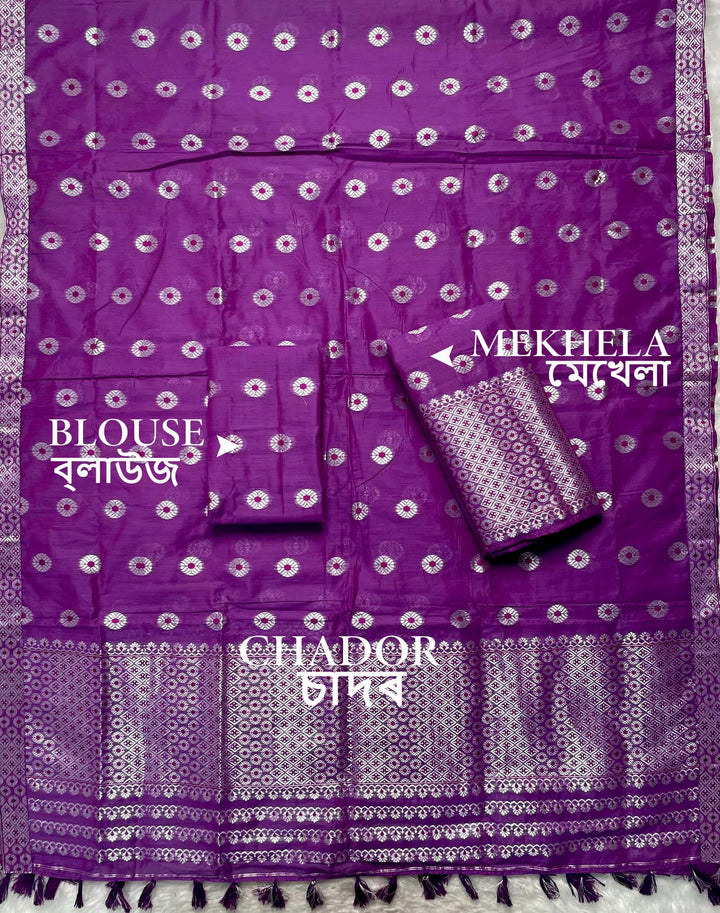 Ready-To-Wear Silver Jari & Dhaga AC Cotton* Mekhela Sador