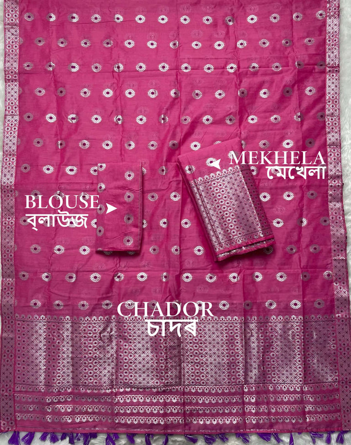 Ready-To-Wear Silver Jari & Dhaga AC Cotton* Mekhela Sador