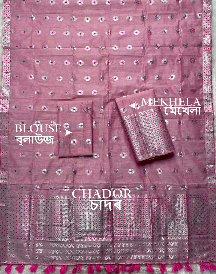 Ready-To-Wear Silver Jari & Dhaga AC Cotton* Mekhela Sador