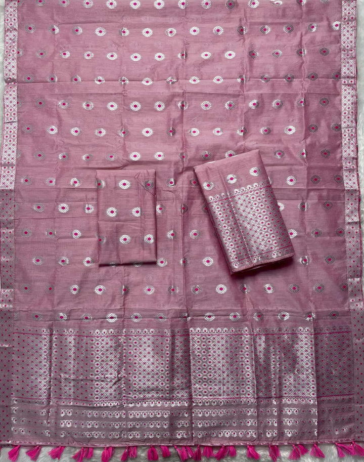 Ready-To-Wear Silver Jari & Dhaga AC Cotton* Mekhela Sador