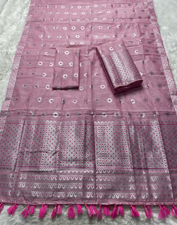 Ready-To-Wear Silver Jari & Dhaga AC Cotton* Mekhela Sador