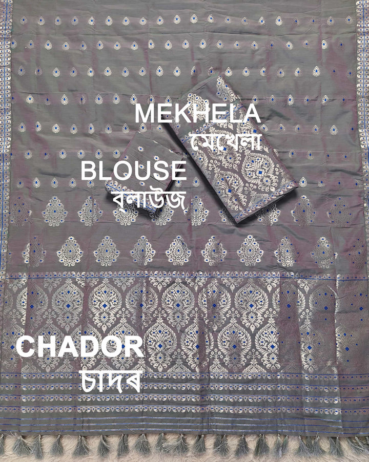 Ready-To-Wear Silver Jari Super Cotton* Mekhela Sador