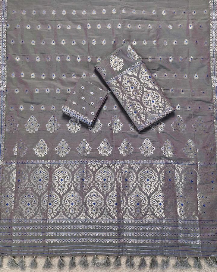 Ready-To-Wear Silver Jari Super Cotton* Mekhela Sador