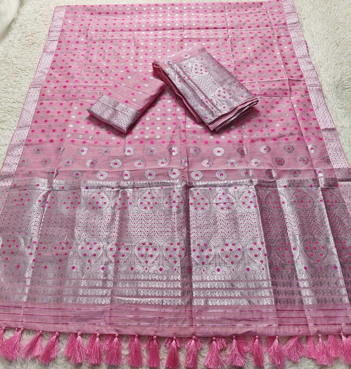 Ready-To-Wear Silver Jari & Dhaga AC Cotton* Mekhela Sador