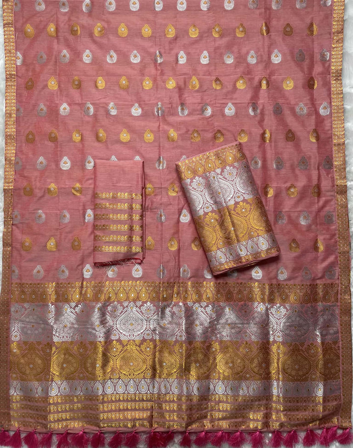 Ready-To-Wear Silver-Gold Jari Super Cotton* Mekhela Sador