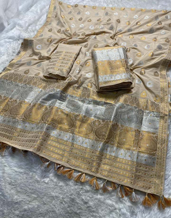 Ready-To-Wear Silver-Gold Jari Super Cotton* Mekhela Sador