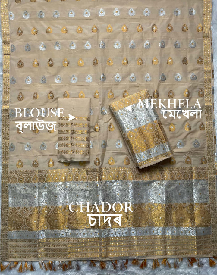 Ready-To-Wear Silver-Gold Jari Super Cotton* Mekhela Sador