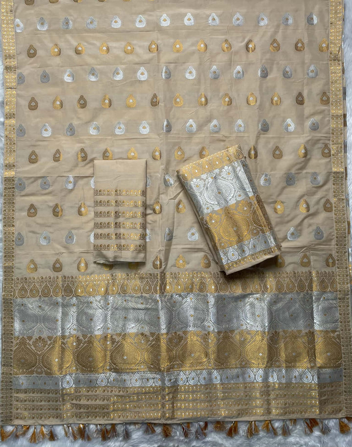 Ready-To-Wear Silver-Gold Jari Super Cotton* Mekhela Sador