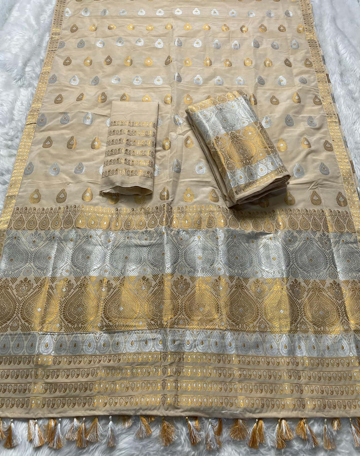 Ready-To-Wear Silver-Gold Jari Super Cotton* Mekhela Sador