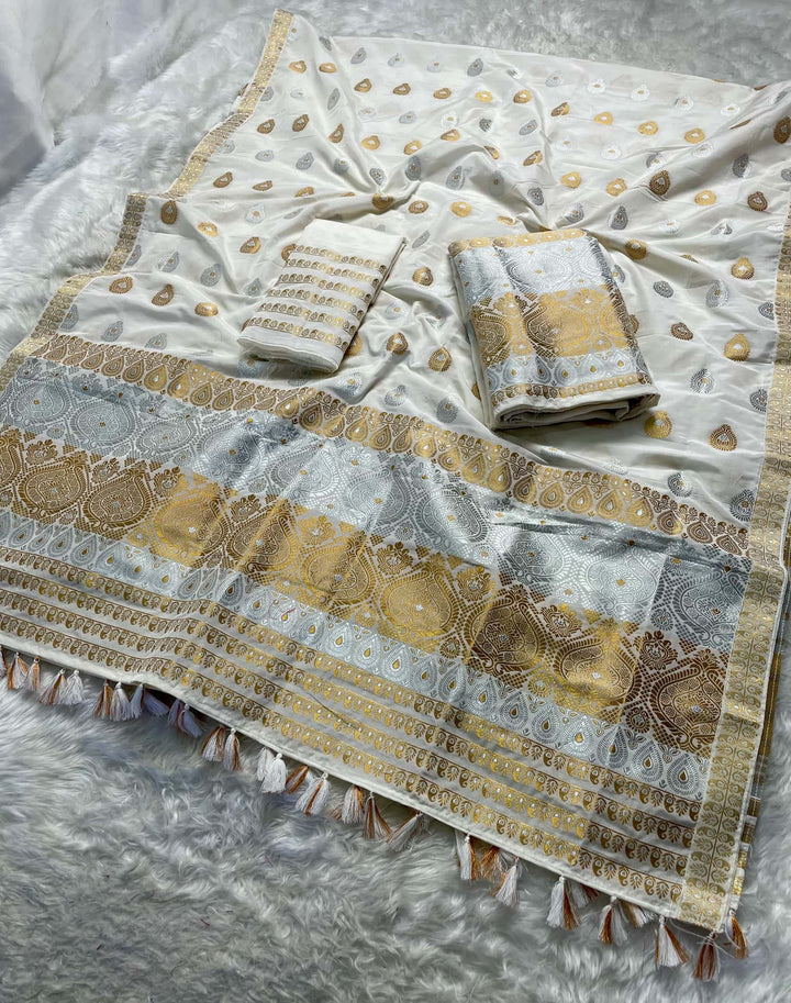 Ready-To-Wear Silver-Gold Jari Super Cotton* Mekhela Sador