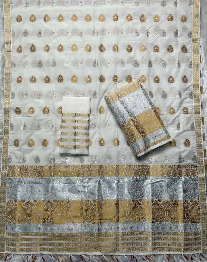 Ready-To-Wear Silver-Gold Jari Super Cotton* Mekhela Sador