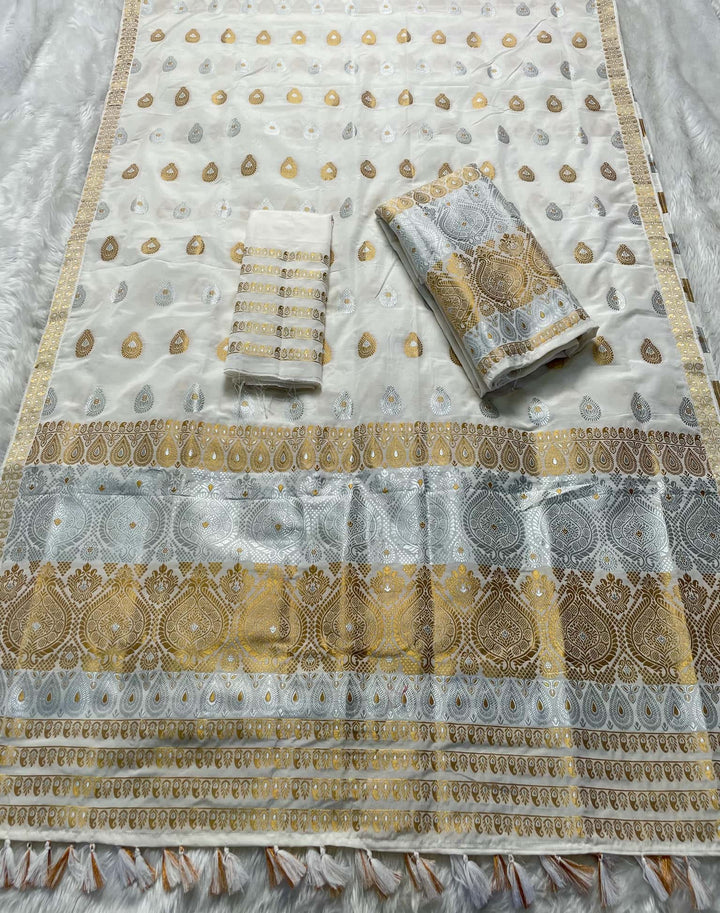 Ready-To-Wear Silver-Gold Jari Super Cotton* Mekhela Sador