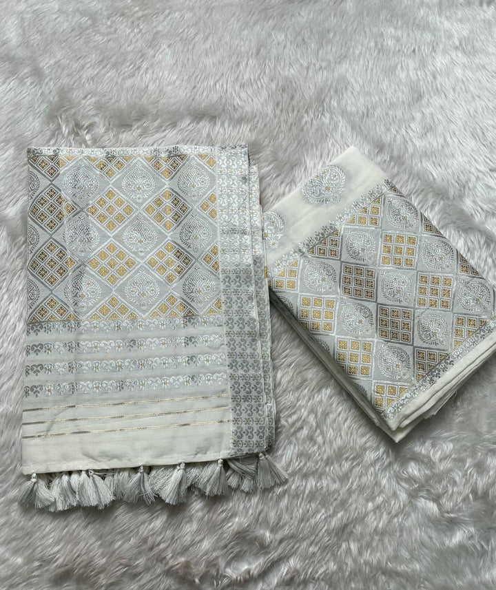 Ready-To-Wear Silver-Gold Guna Super Cotton* Mekhela Sador