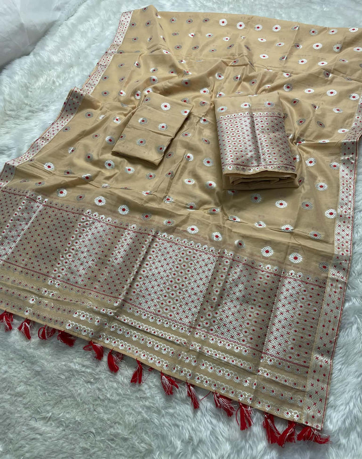 Ready-To-Wear Silver Jari & Dhaga AC Cotton* Mekhela Sador