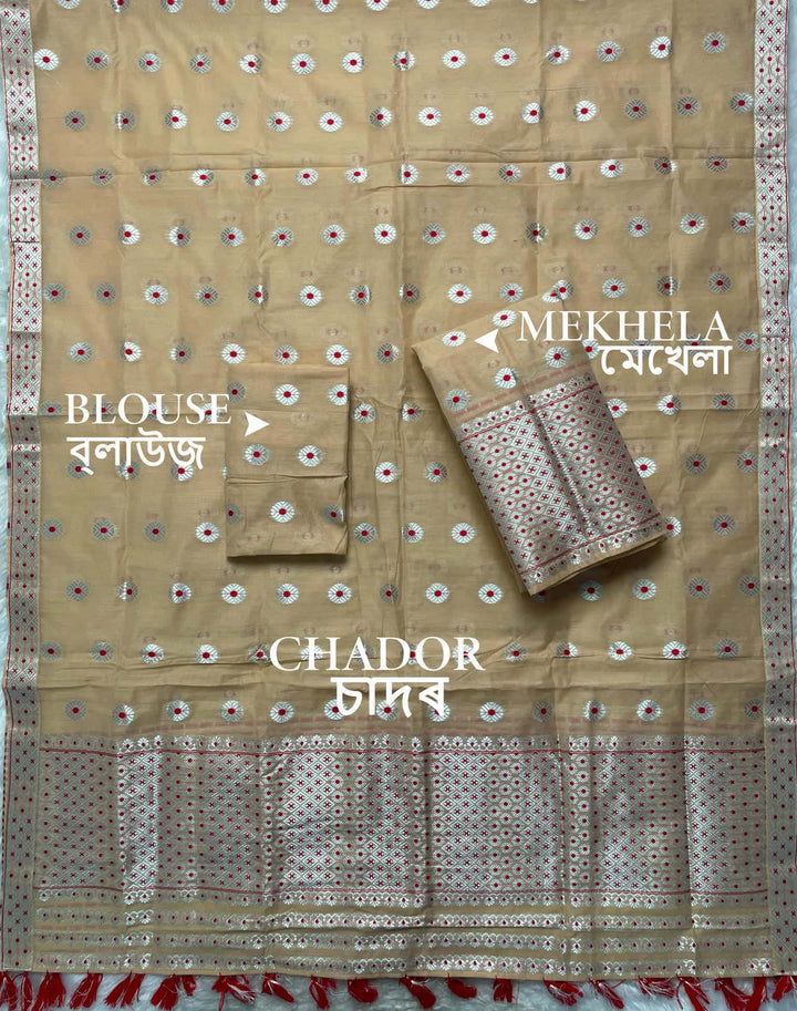 Ready-To-Wear Silver Jari & Dhaga AC Cotton* Mekhela Sador