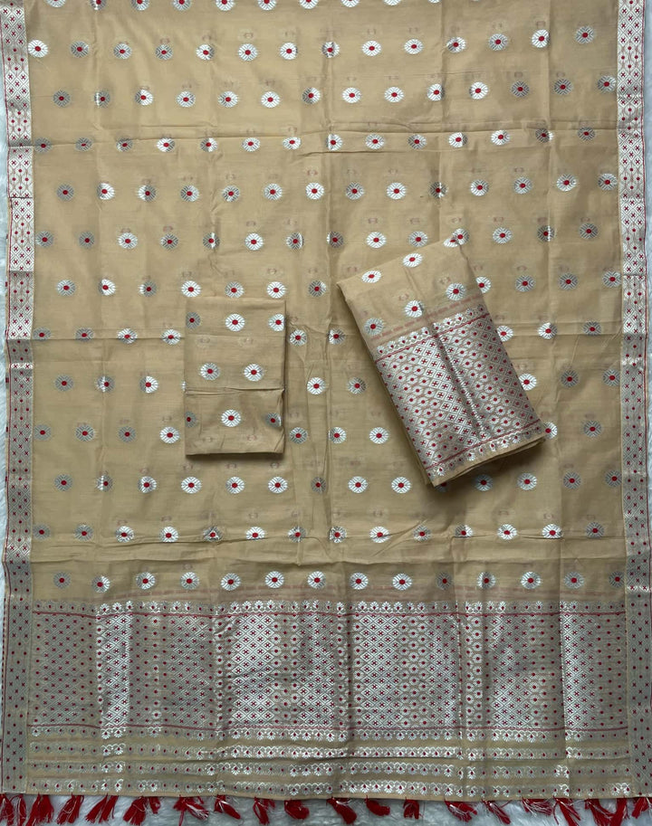 Ready-To-Wear Silver Jari & Dhaga AC Cotton* Mekhela Sador
