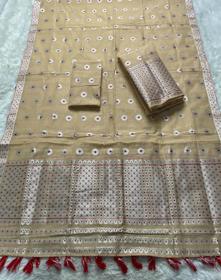 Ready-To-Wear Silver Jari & Dhaga AC Cotton* Mekhela Sador