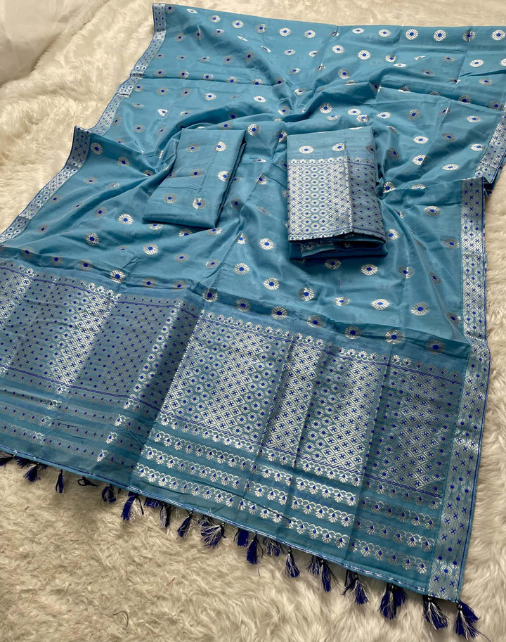 Ready-To-Wear Silver Jari & Dhaga AC Cotton* Mekhela Sador