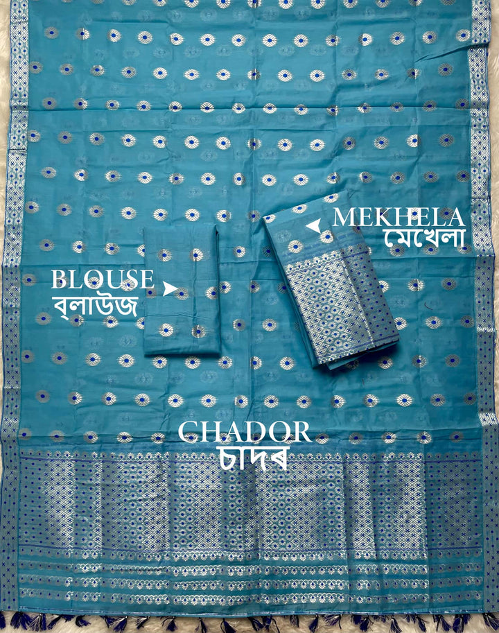 Ready-To-Wear Silver Jari & Dhaga AC Cotton* Mekhela Sador