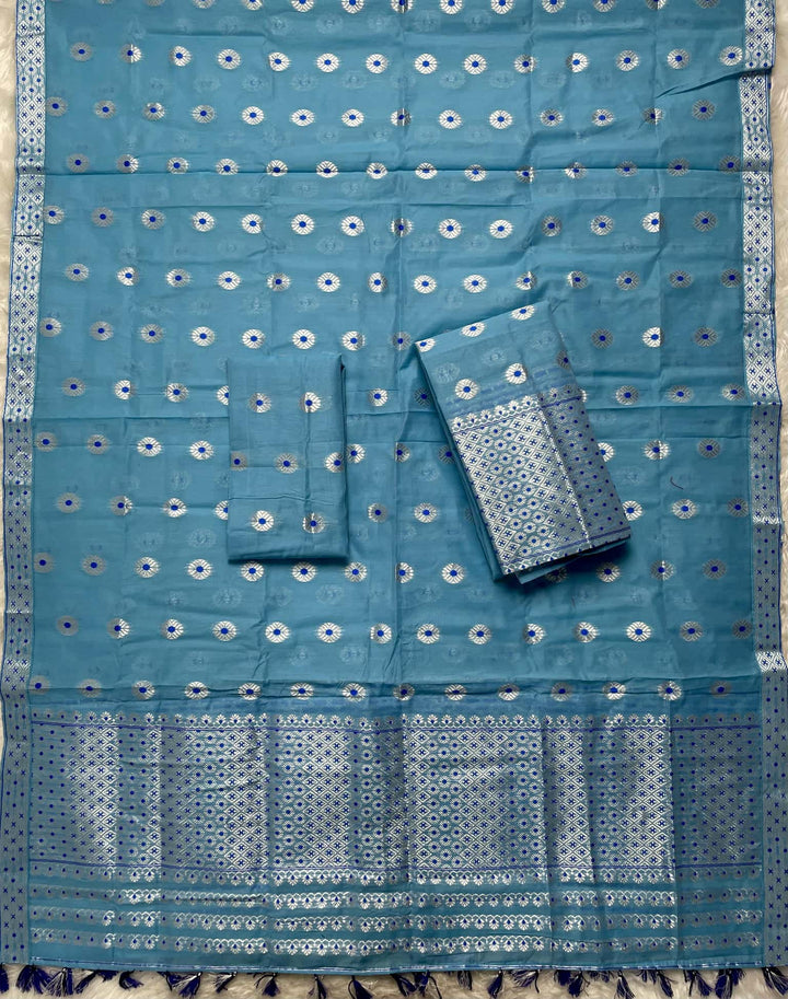 Ready-To-Wear Silver Jari & Dhaga AC Cotton* Mekhela Sador