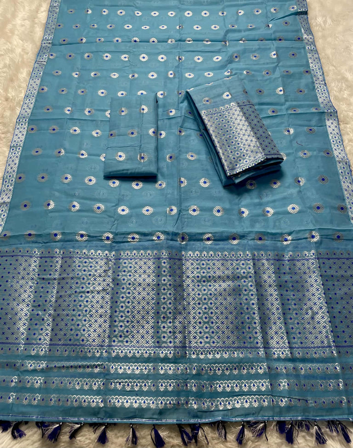 Ready-To-Wear Silver Jari & Dhaga AC Cotton* Mekhela Sador