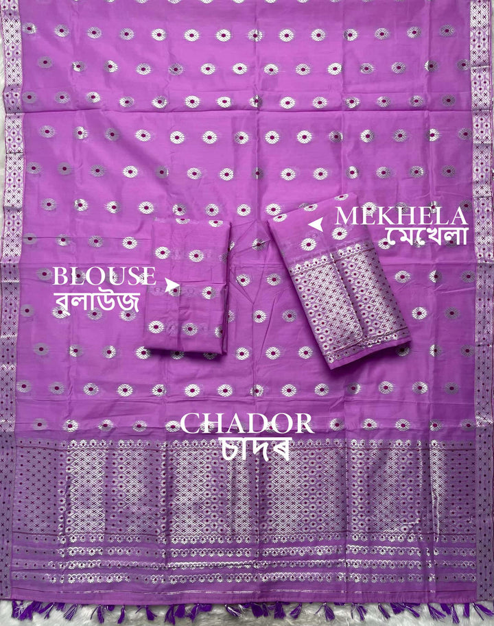Ready-To-Wear Silver Jari & Dhaga AC Cotton* Mekhela Sador