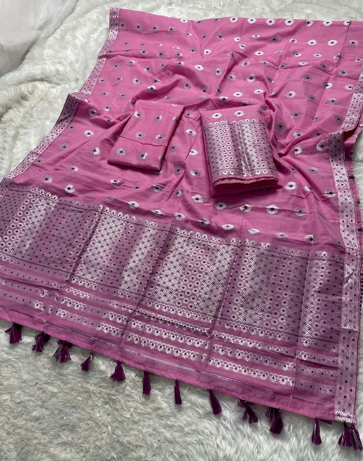 Ready-To-Wear Silver Jari & Dhaga AC Cotton* Mekhela Sador