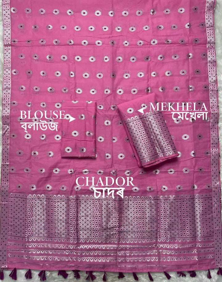 Ready-To-Wear Silver Jari & Dhaga AC Cotton* Mekhela Sador