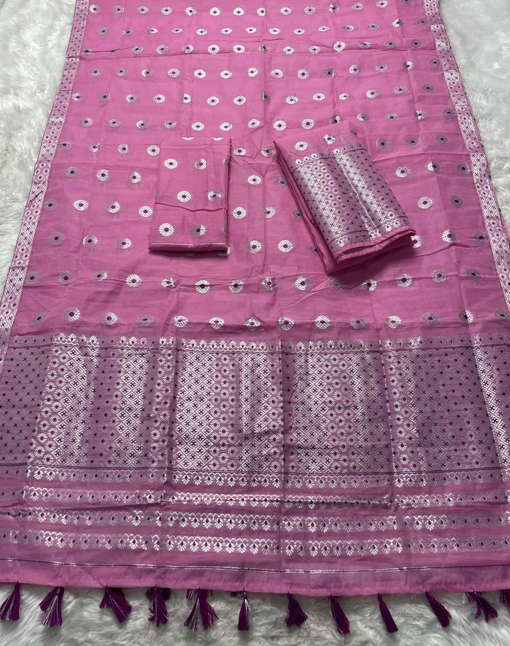 Ready-To-Wear Silver Jari & Dhaga AC Cotton* Mekhela Sador