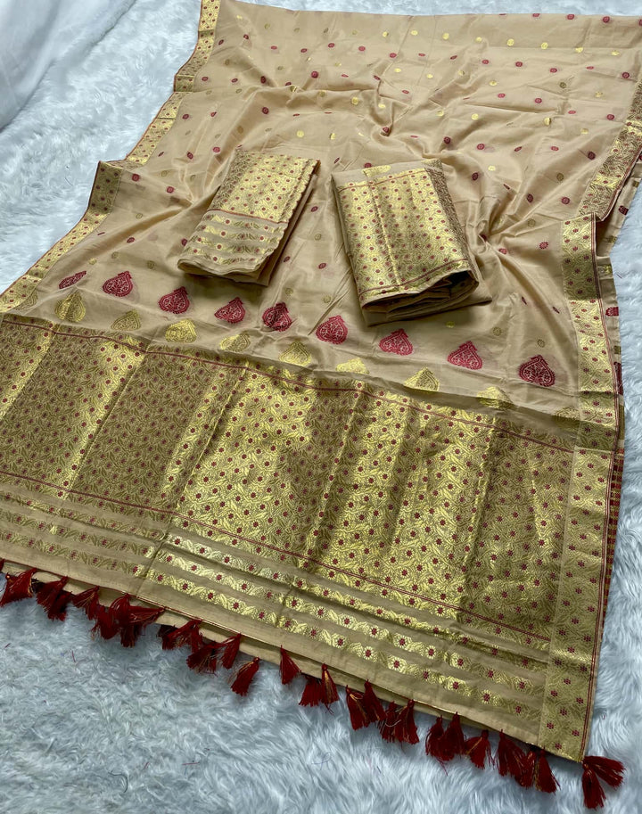 Ready-To-Wear Gold Jari & Dhaga AC Cotton* Mekhela Sador