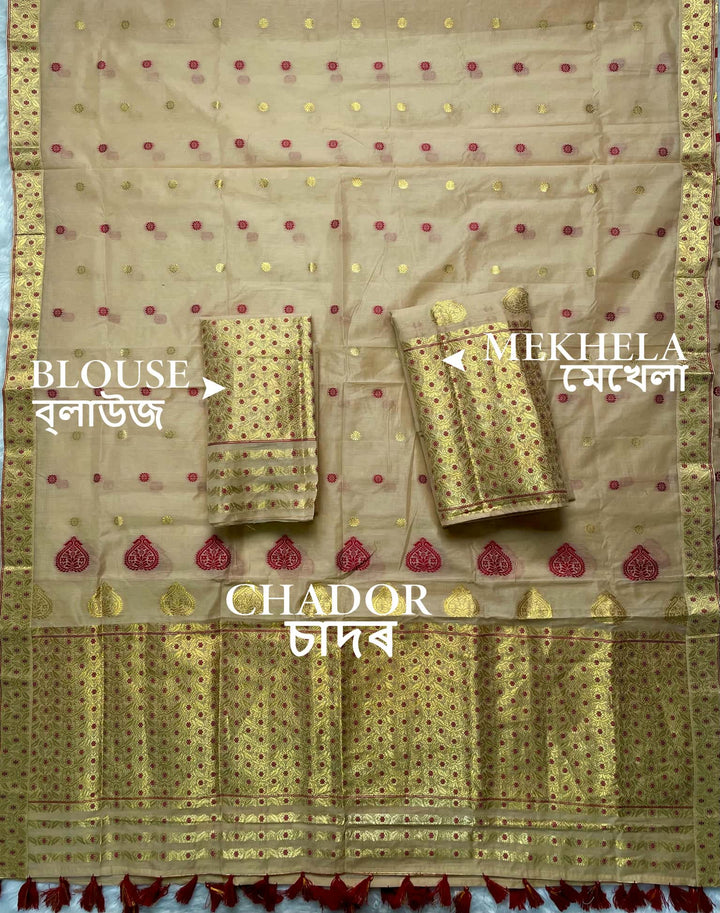 Ready-To-Wear Gold Jari & Dhaga AC Cotton* Mekhela Sador