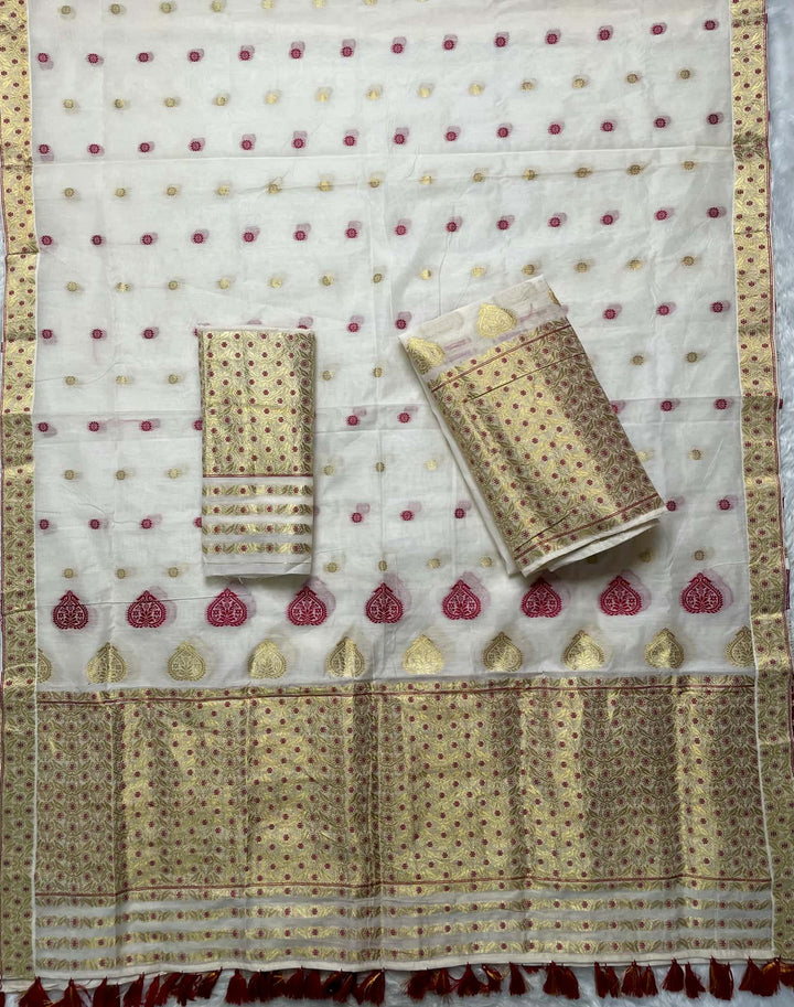 Ready-To-Wear Gold Jari & Dhaga AC Cotton* Mekhela Sador
