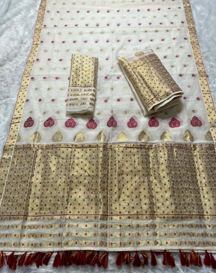 Ready-To-Wear Gold Jari & Dhaga AC Cotton* Mekhela Sador